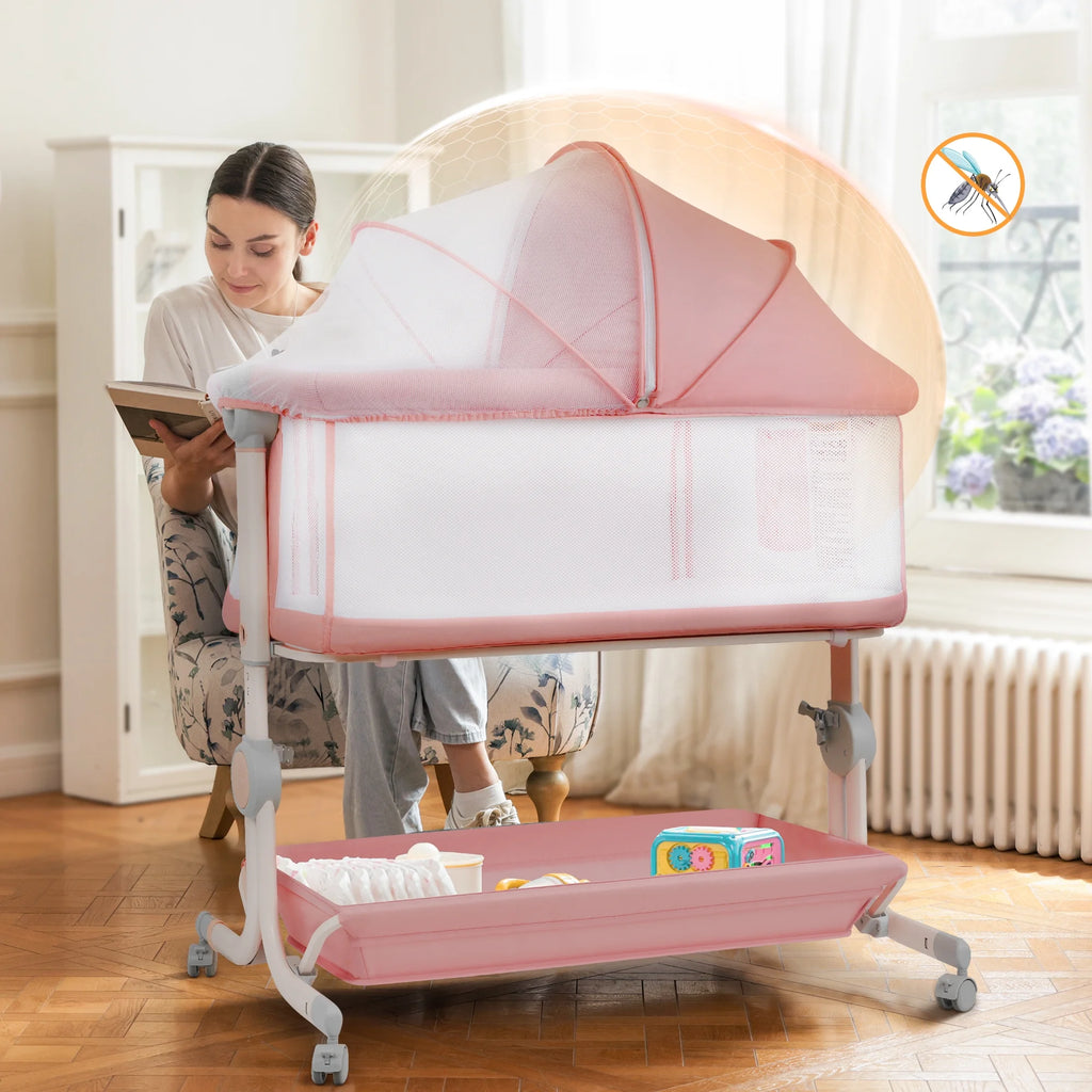 Babyeap 3 in 1 Baby Bassinet,Baby Basinet Bedside Sleeper,Standalone Baby Crib,6 Height Adjustable Portable Crib for Newborn,Pink