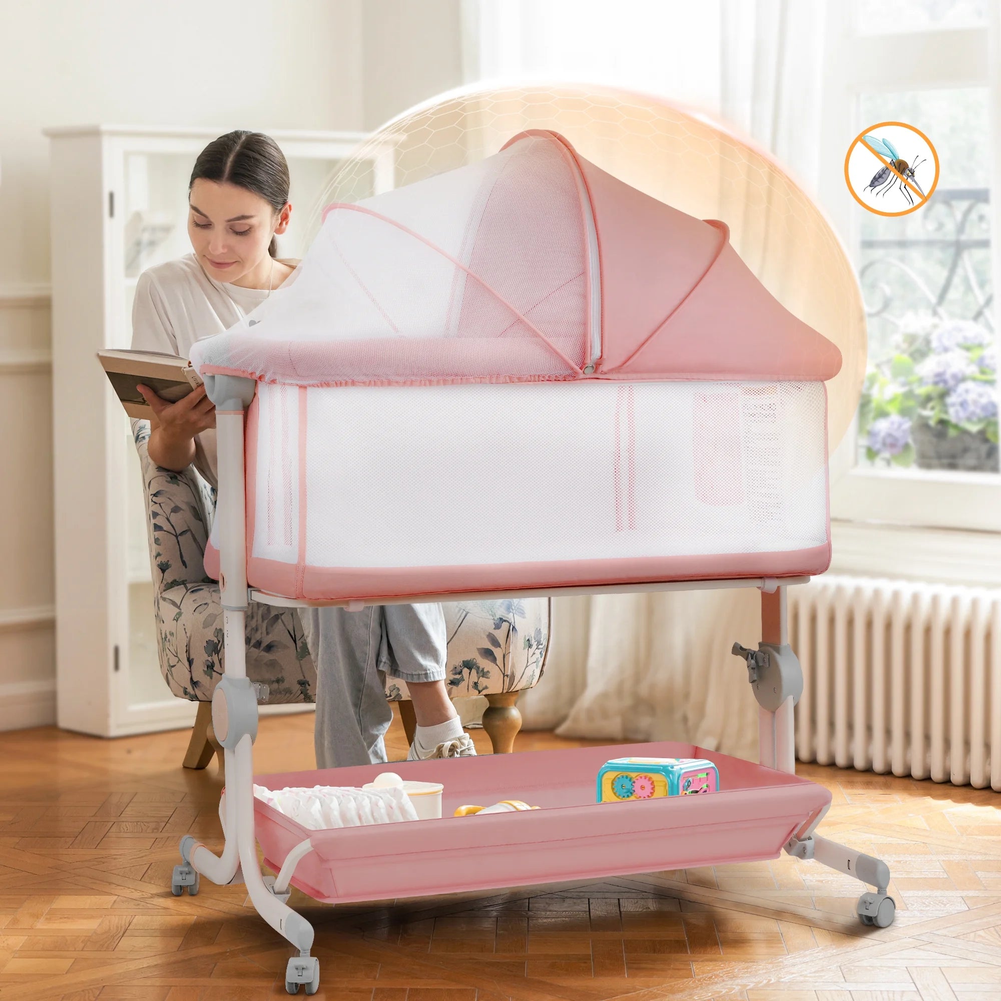 Babyeap 3 in 1 Baby Bassinet,Baby Basinet Bedside Sleeper,Standalone Baby Crib,6 Height Adjustable Portable Crib for Newborn,Pink