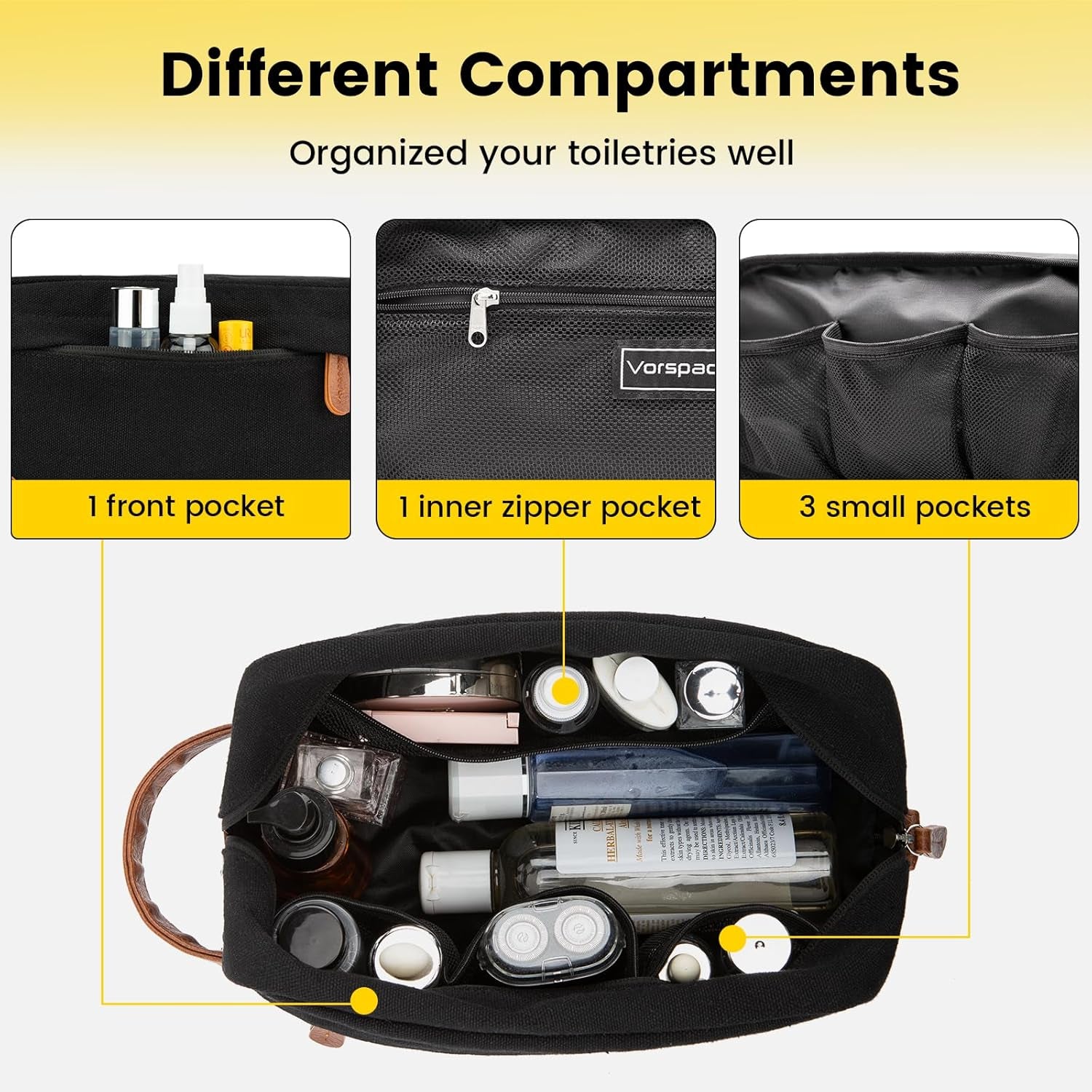 Vorspack Travel Toiletry Bag - Hanging Toiletry Bag for Men Water Resistant Canvas Shaving Bag with Large Capacity for Travel - Black