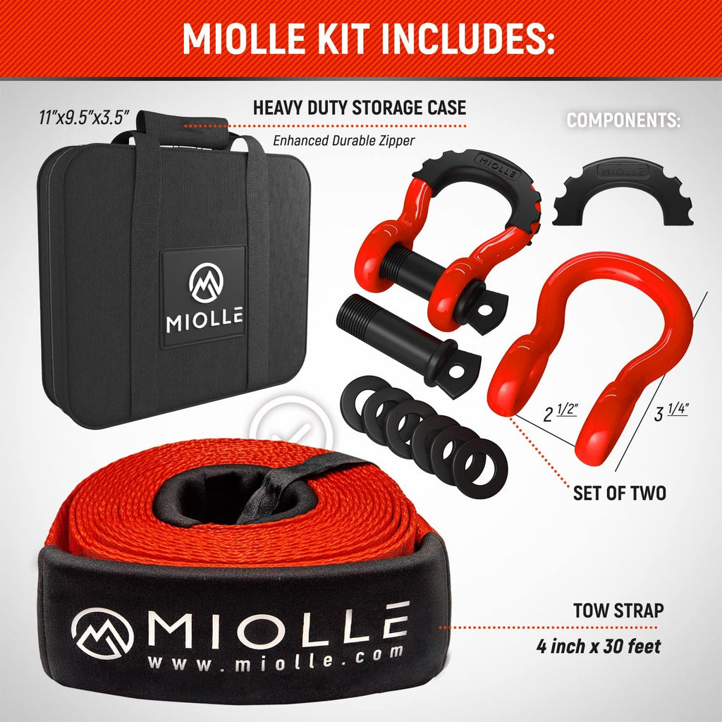 Miollegear Heavy-Duty 4”x30’ Tow Strap Kit - 45000Lbs MBS Recovery Strap with Tow Rope, 2 D-Ring Shackles (MBS 62700Lbs) & Storage Case