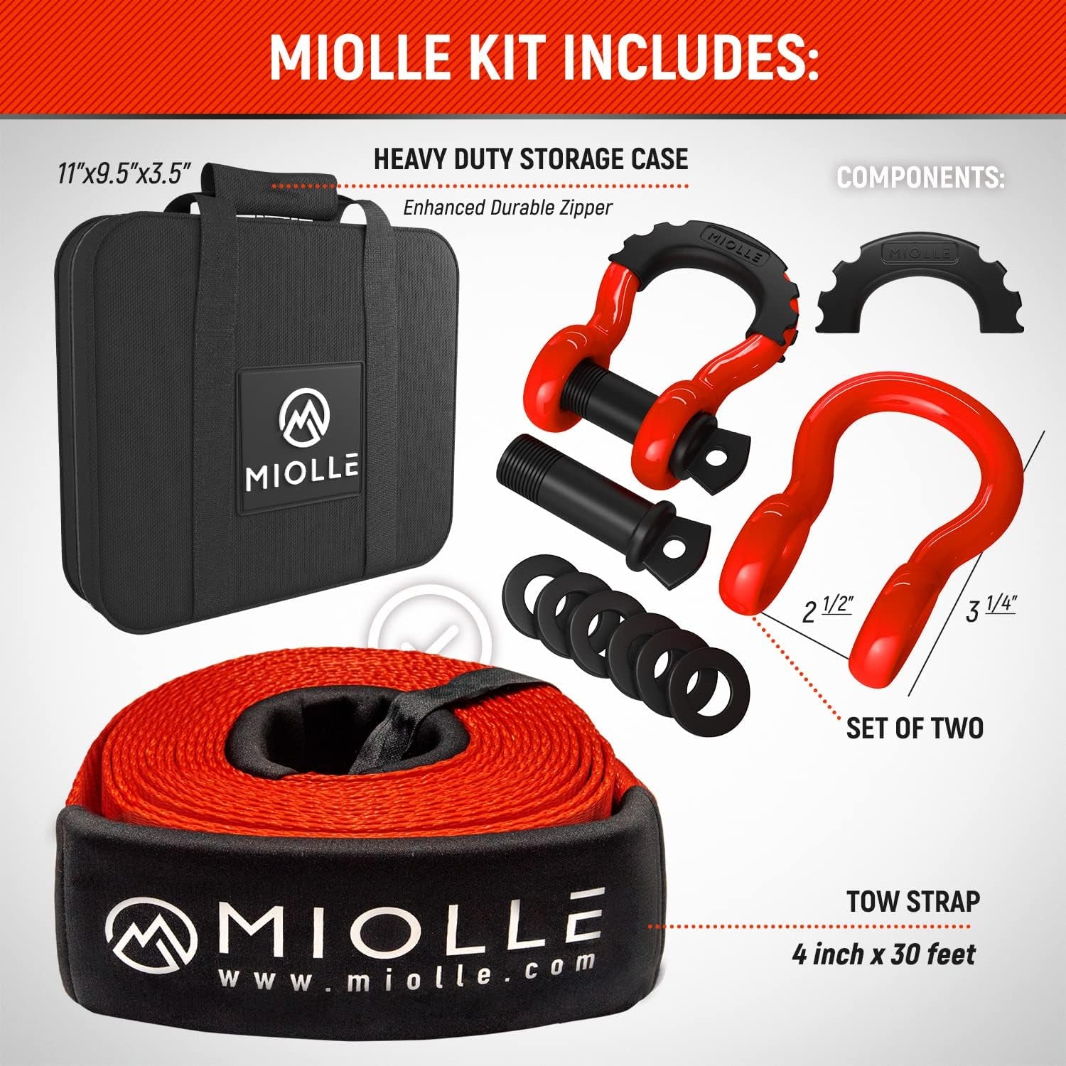 Miollegear Heavy-Duty 4”x30’ Tow Strap Kit - 45000Lbs MBS Recovery Strap with Tow Rope, 2 D-Ring Shackles (MBS 62700Lbs) & Storage Case