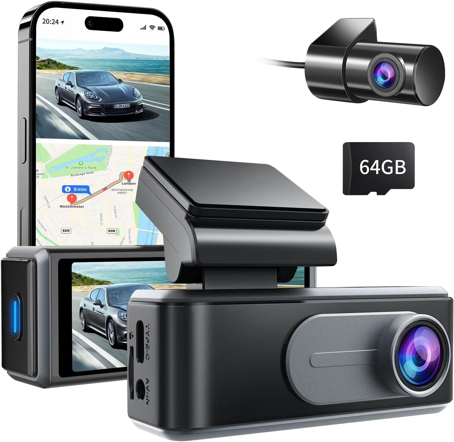 NEXPOW Dash Cam Front and Rear, 4K Full HD Dash Camera with Built-In Wifi GPS, Super Night Vision, WDR, 24H Parking Mode, 32GB Card Included