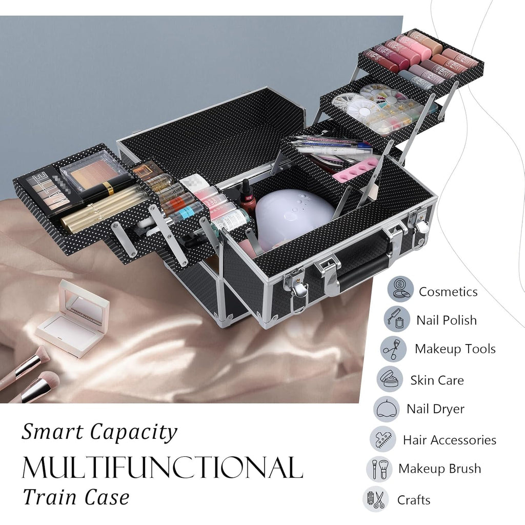 FRENESSA Makeup Train Case Makeup Case 11.8 Inch Large Cosmetic Box Organizer Travel Storage Professional Make up Train Carrying Case with 6 Trays Locking Hard Vanity Storage Black