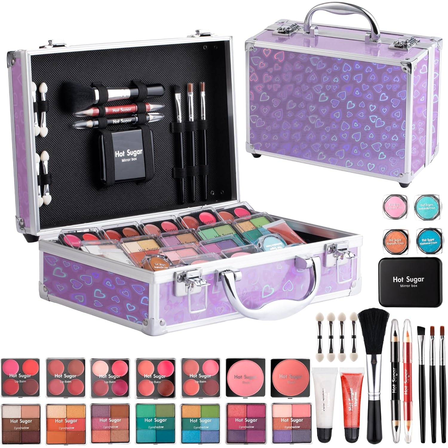 Hot Sugar Makeup Kit for Teenager Girls - Full Starter Cosmetics Set with Eye Shadow Lip Balm Blush Lip Gloss Brush Lip Pencil Eye Pencil and Mirror (Rainbow)