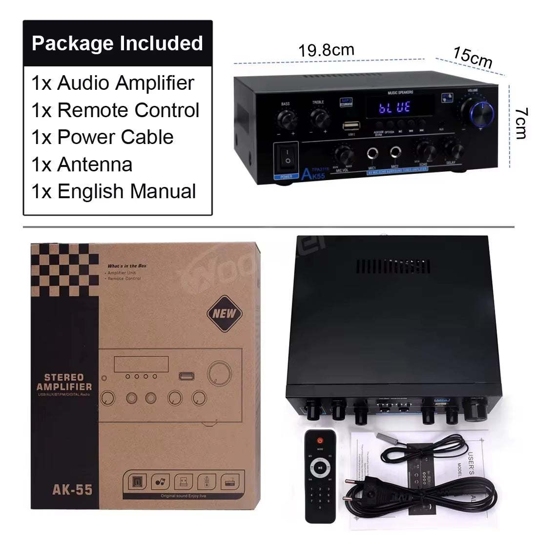 Woopker AK35/AK45/AK45 Pro/Ak55 Digital Amplifier Bluetooth Sound Amplifier 2 Channel Hifi FM USB Audio Amp for Home Car Karaoke