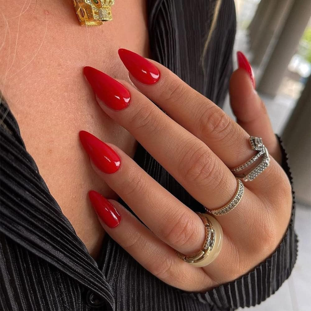 Vibrant Orange Red Almond Press-On Nails - Reusable Medium Length Acrylic Stiletto Nails for Women & Girls