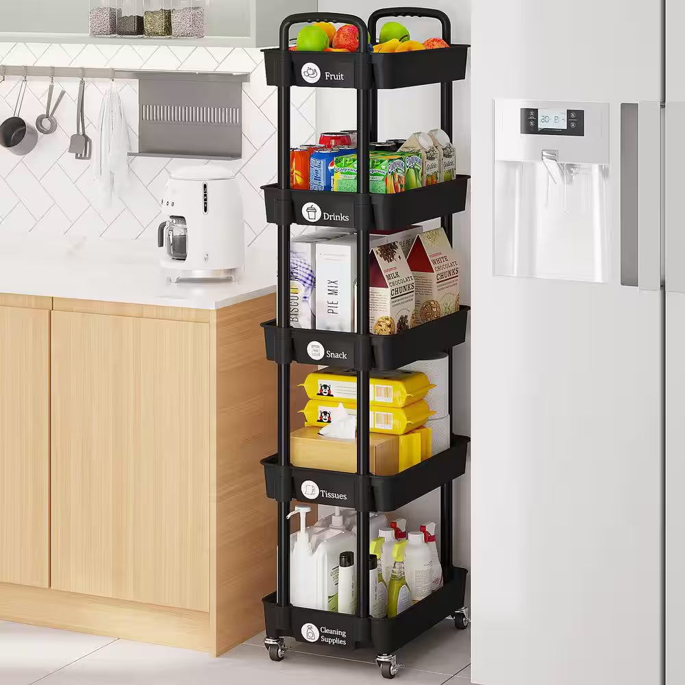 5-Tier Black Storage Organizer with Wheels and Classified Stickers, Utility Storage Carts for Bathroom, Laundry, Kitchen