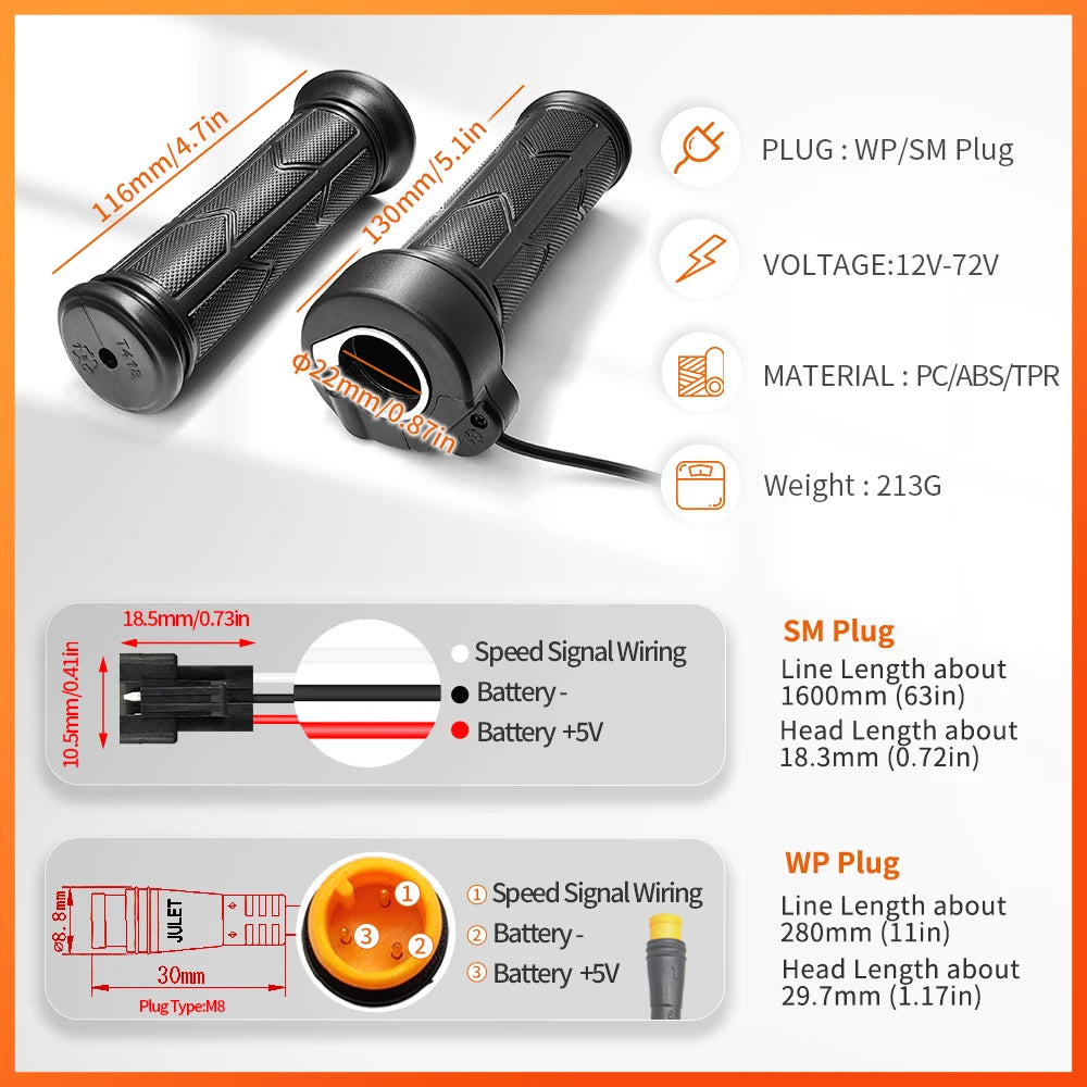 WUXING 192X Full Twist Throttle Electric Bicycle Right Handle Throttle Waterproof/Sm Connector for E Bikes or Electric Scooter