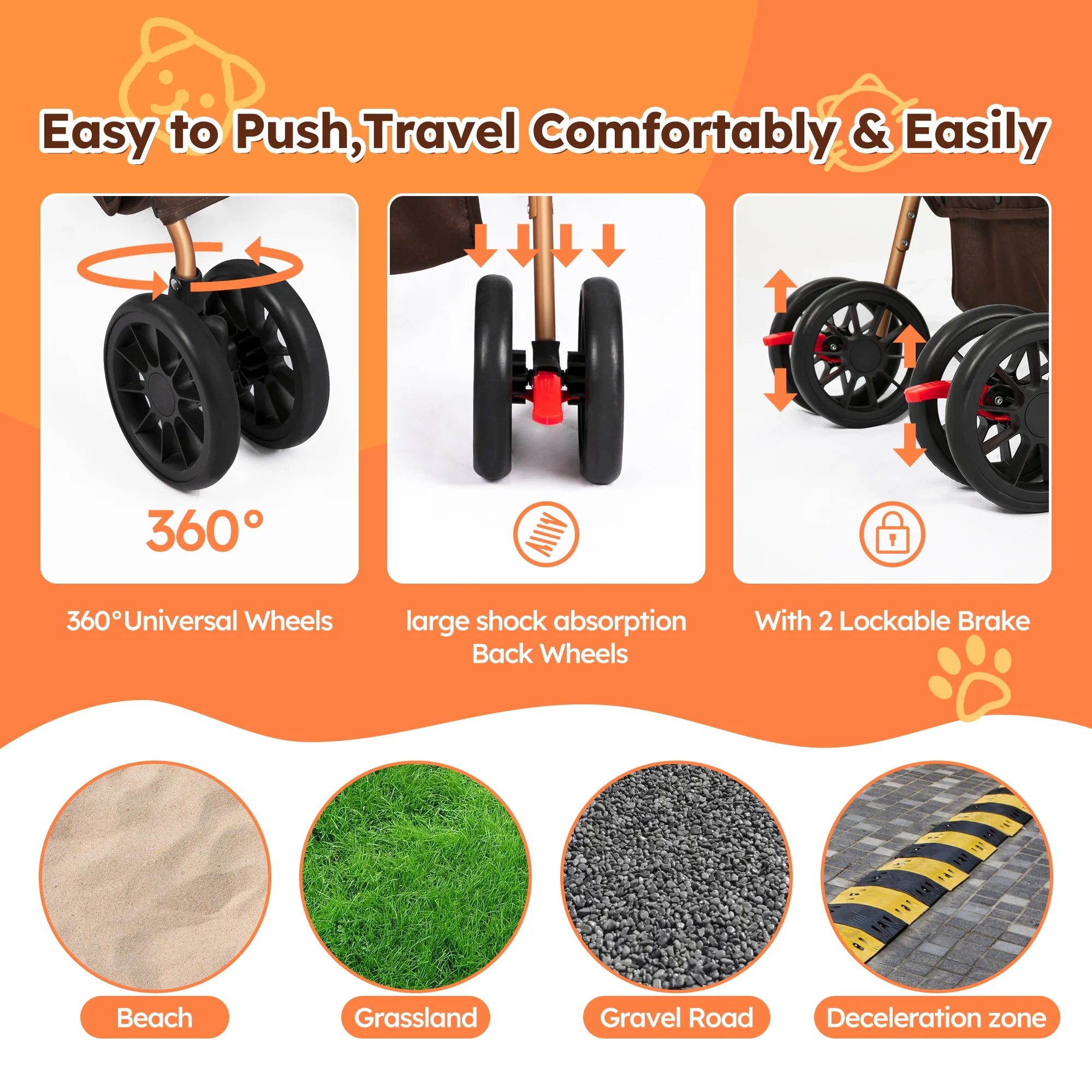 3-In-1 Pet Stroller, Foldable 4-Wheel Cat & Dog Stroller with Detachable Carrier, Canopy and Storage Basket, up to 60Lbs, Brown