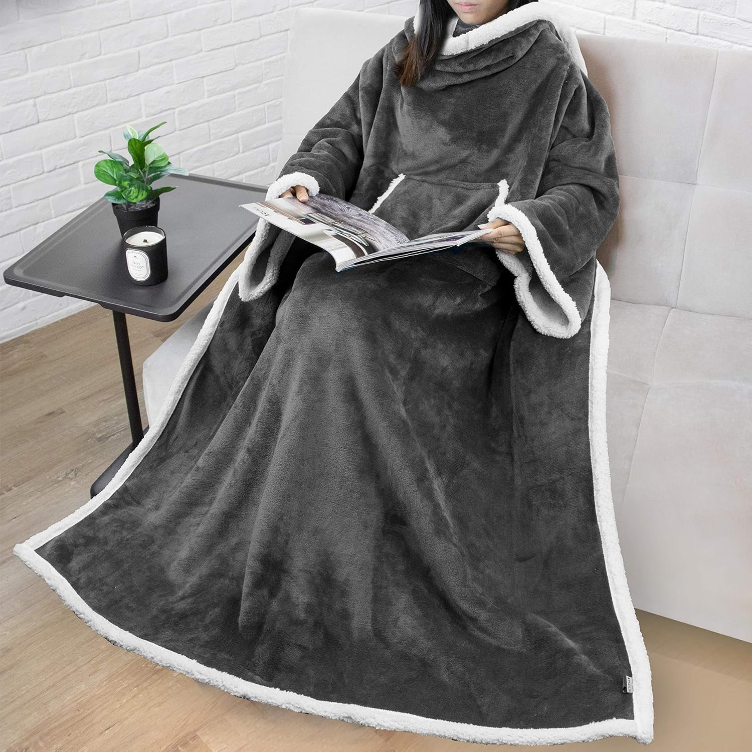 PAVILIA Cozy Sherpa Wearable Blanket with Sleeves & Pocket - Perfect Plush Gift for Women & Men - Dark Grey