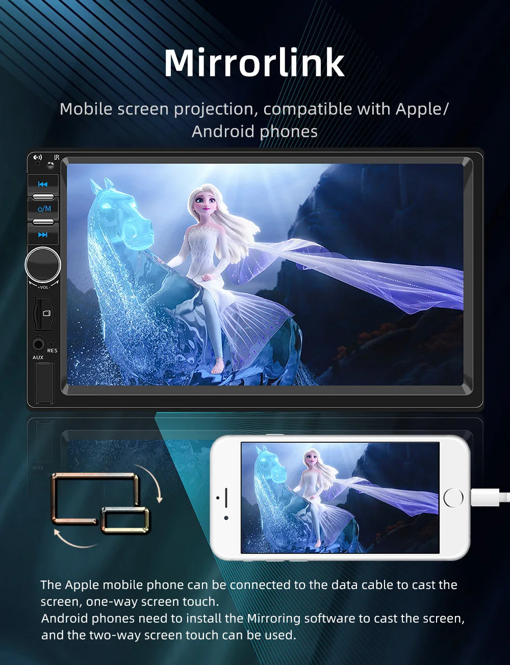 BQCC 7" 2Din/1 Din MP5 Car Player Mirrorlink Wired Android Auto/Carplay BT AUX Colorful Lights FM Car Radio F7018C