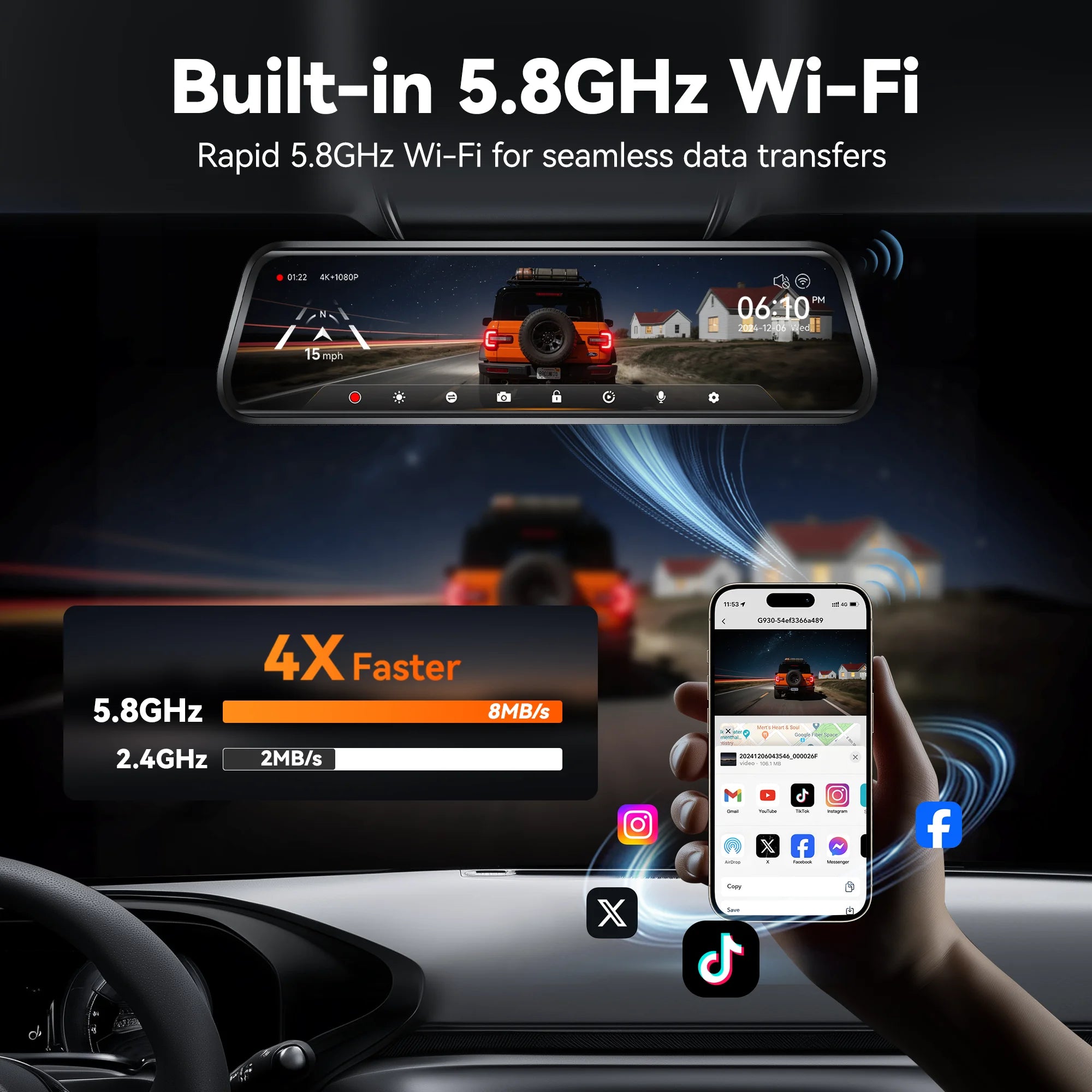 Wolfbox 4K Dual Dashcam with 10" Touch Screen, Front and Rear Recording, Night Vision, GPS, Free 64GB Card