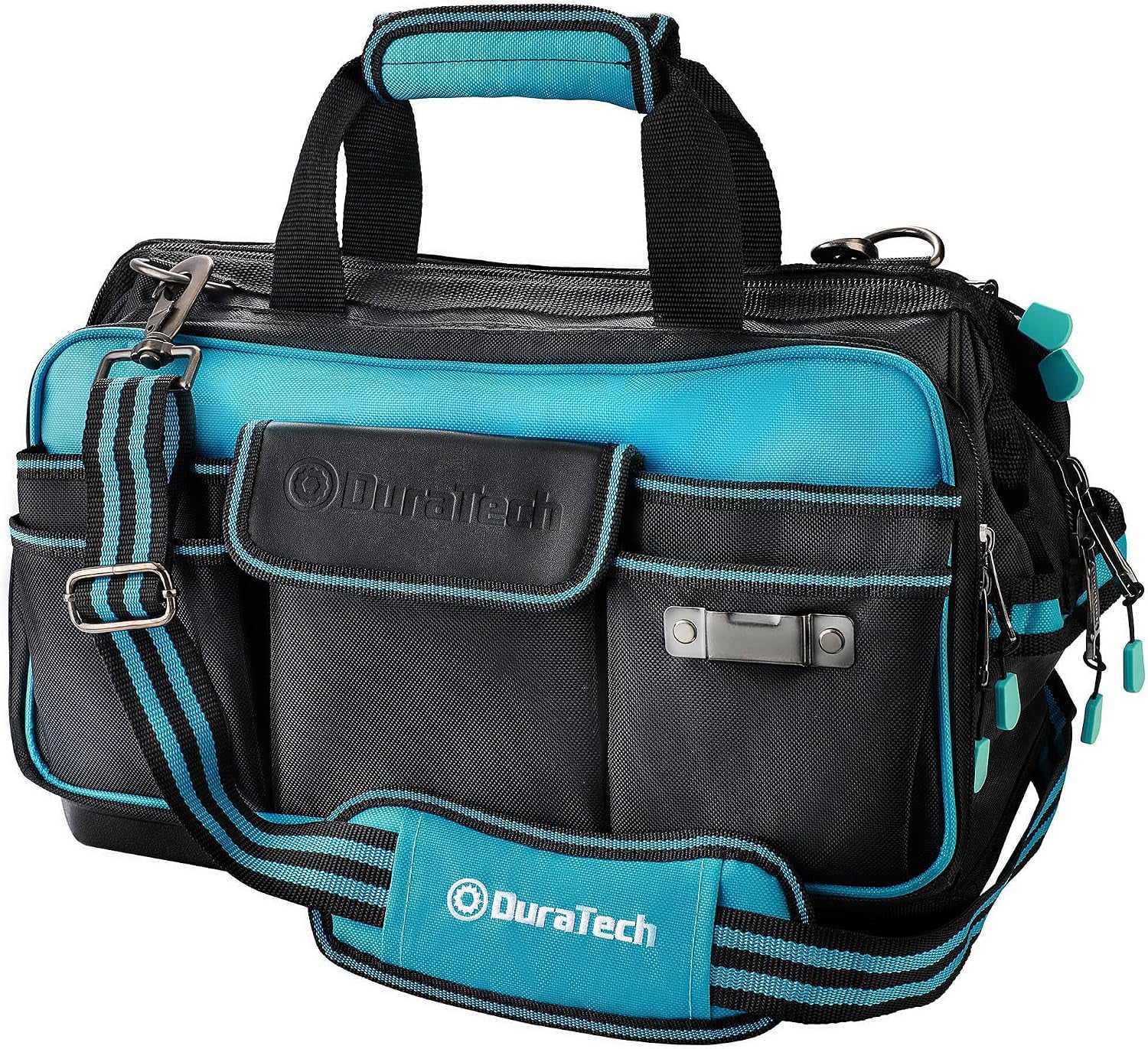 DURATECH 17" Wide Mouth Tool Bag, Large Storage 32 Pocket Tool Bag Organizer with Water Proof Molded Base, Adjustable Strap, Clip Design, 840D Oxford Fabric
