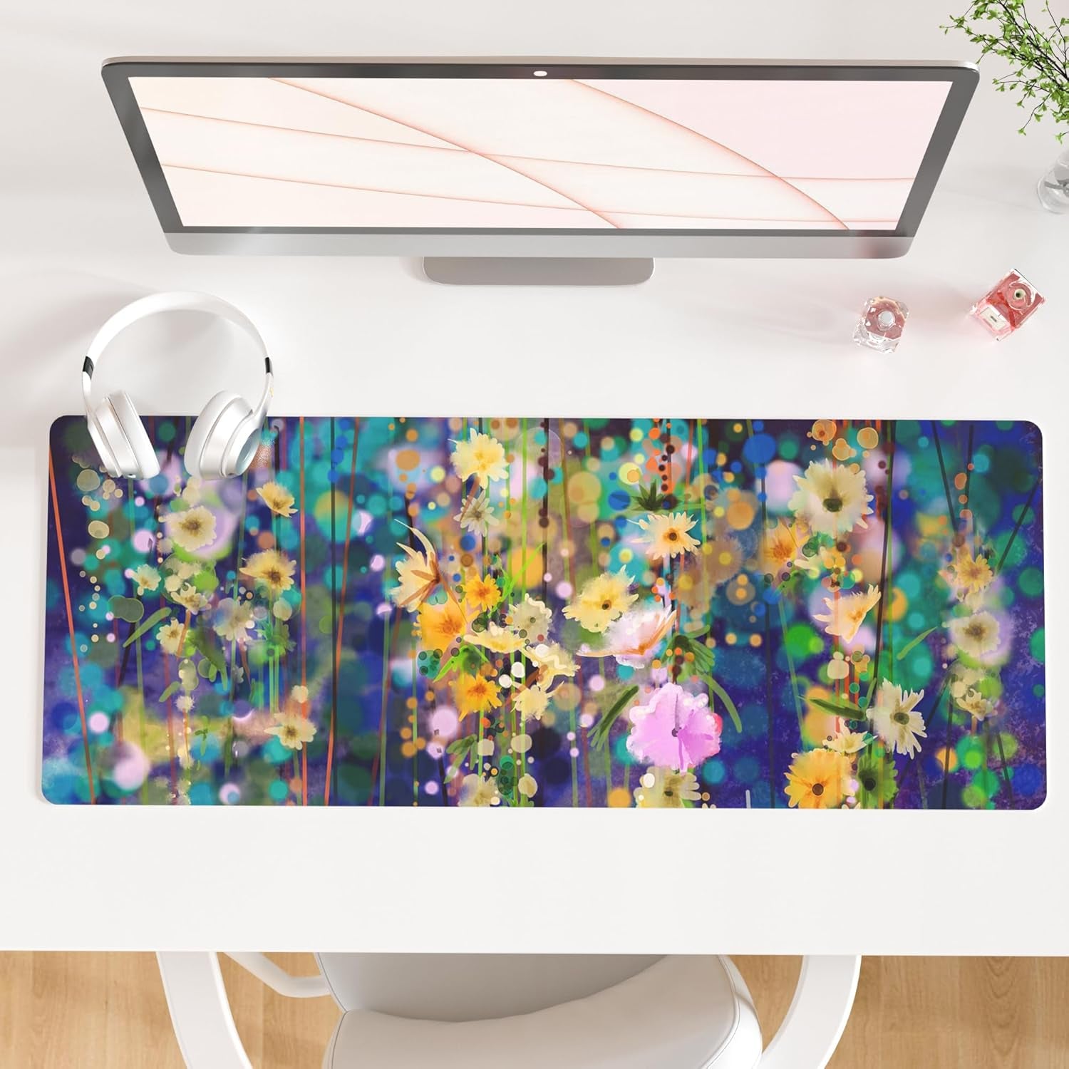 QIYI White Mouse Pad, Cute Marble Large Desk Mat, PU Leather Desk Protector Mousepad, Gold Grey Striped Waterproof Computer Keyboard Gaming Mouse Pads, Non Slip Extended Writing Pad 31.5" X 15.7"