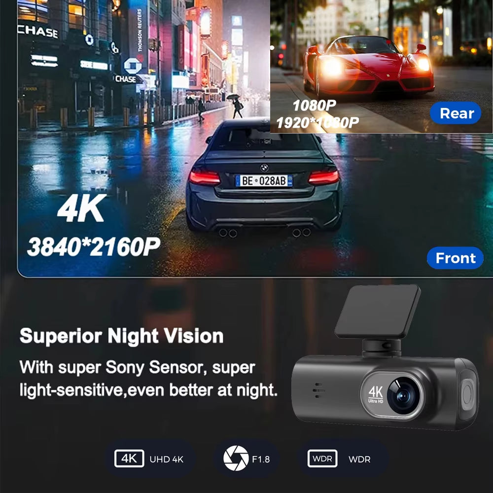 Dash Cam 4K UHD for Car Camera Front Rear Dual Lens with GPS Wifi 24H Parking Mode Night Vision Car DVR Video Registrator
