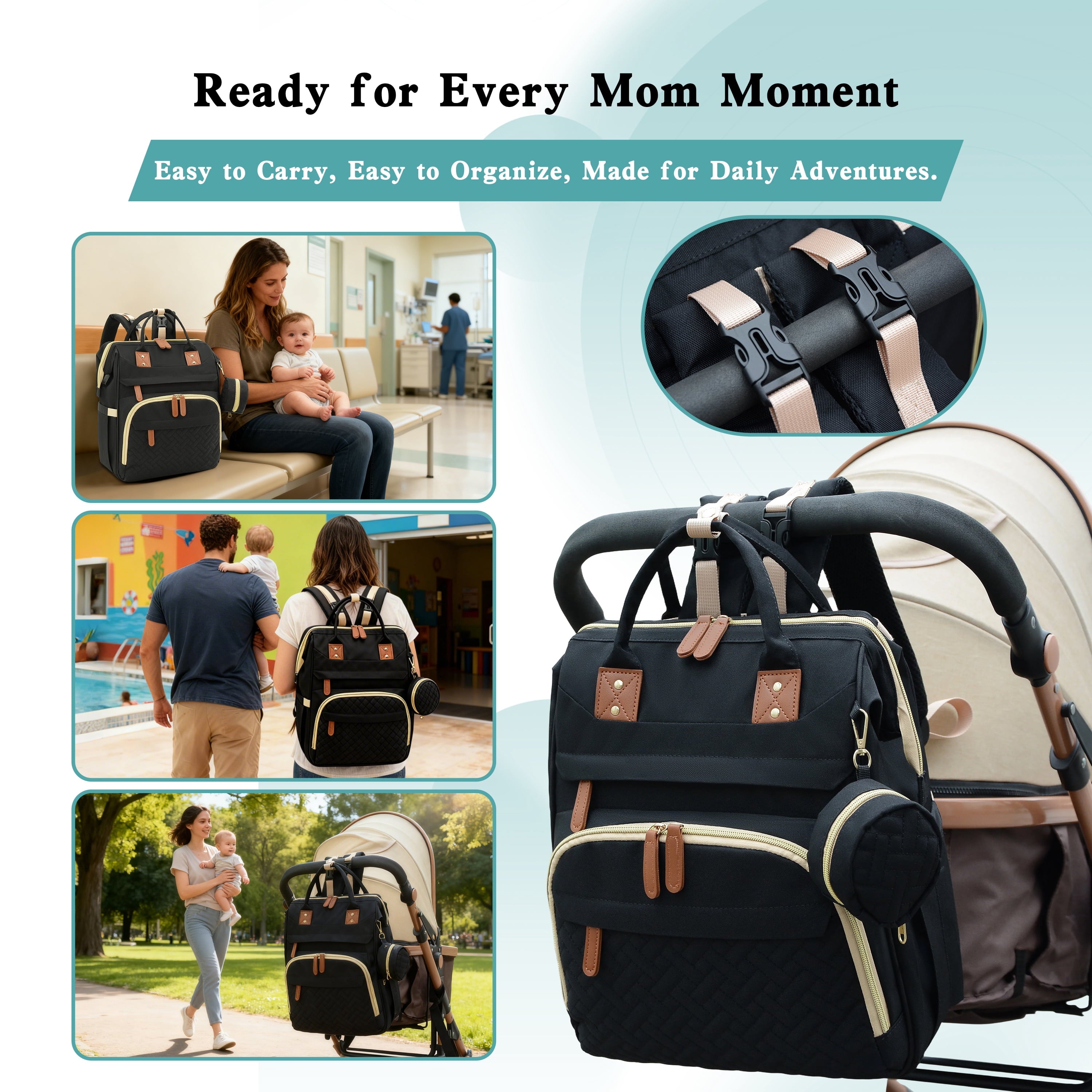 Diaper Bag Backpack, DERSTUEWE Diaper Backpack, Baby Bag with Insulated Bottle Pockets, Unisex, Black