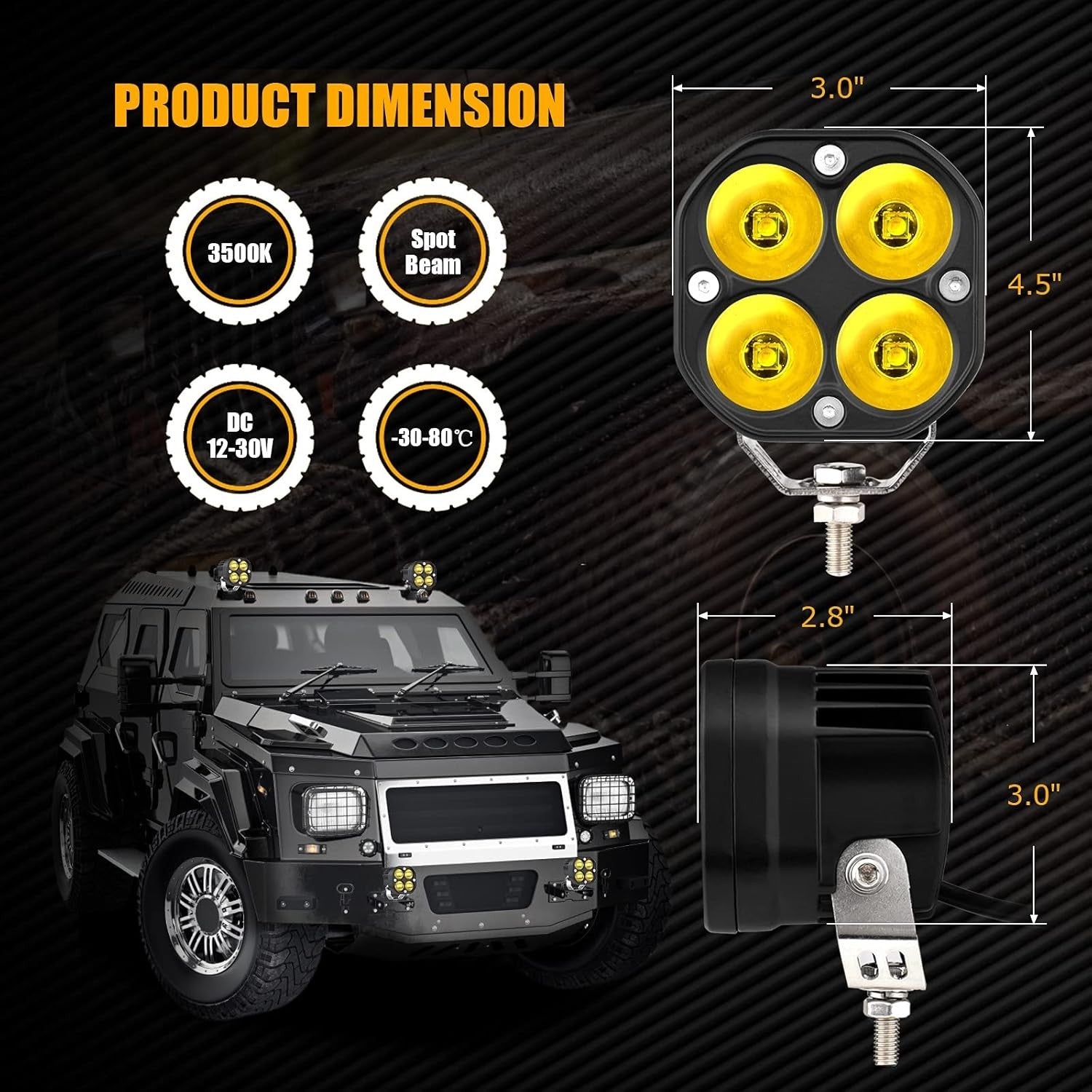 2-Pack 3" 40W Yellow LED Spot Off-Road Light Pods