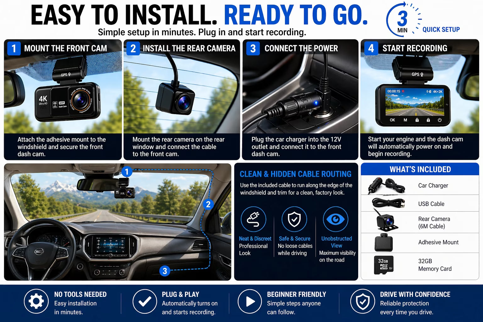 4K Dash Cam Front & 2K Rear, Wifi GPS, Night Vision, Parking Mode, Loop Recording, Memory Card Included