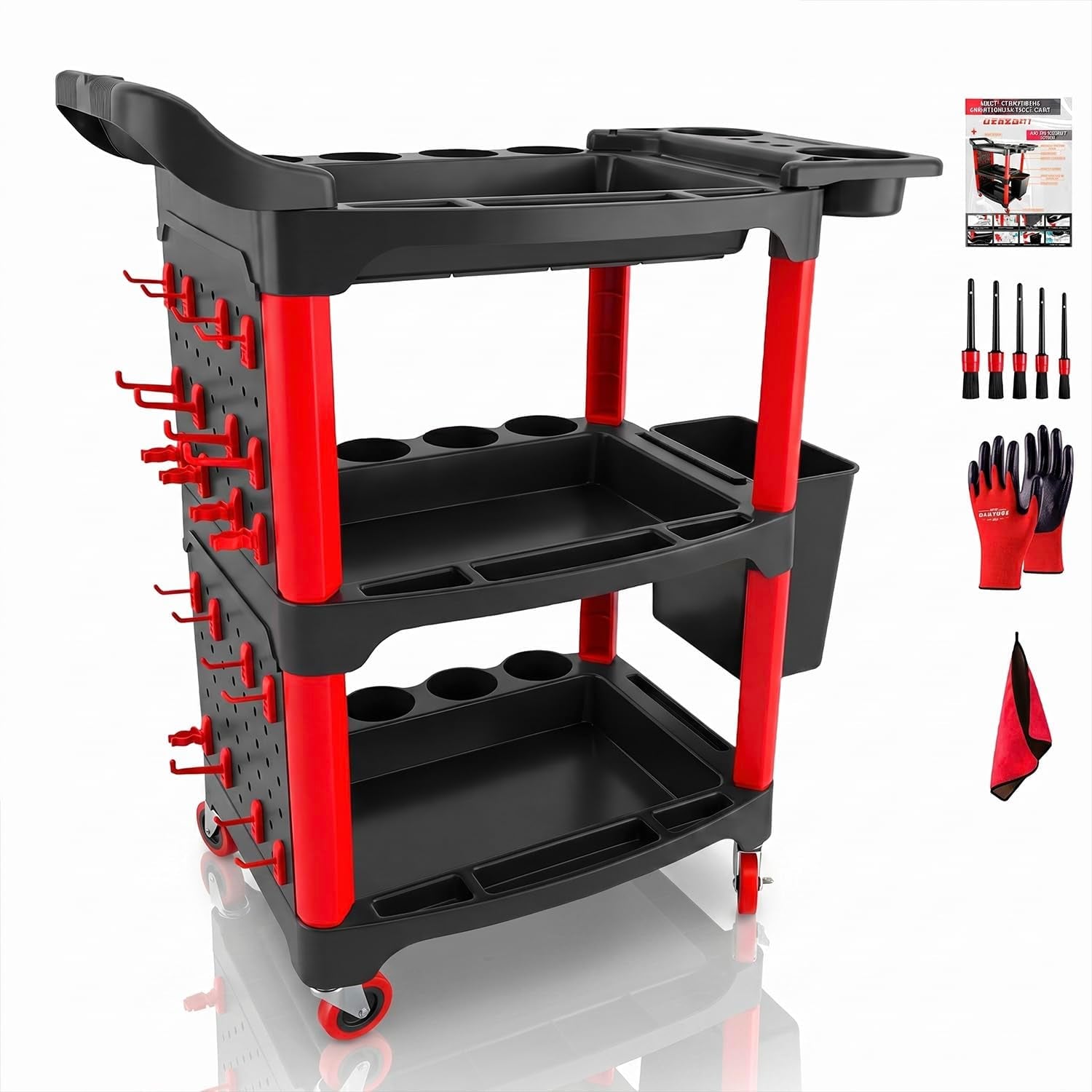 Auto Detailing Cart with Wheels, 3 Tier Rolling Detail Cart, Car Wash Organizer for Detailers Garage, Workshop, Repair Shop, Storage Tool