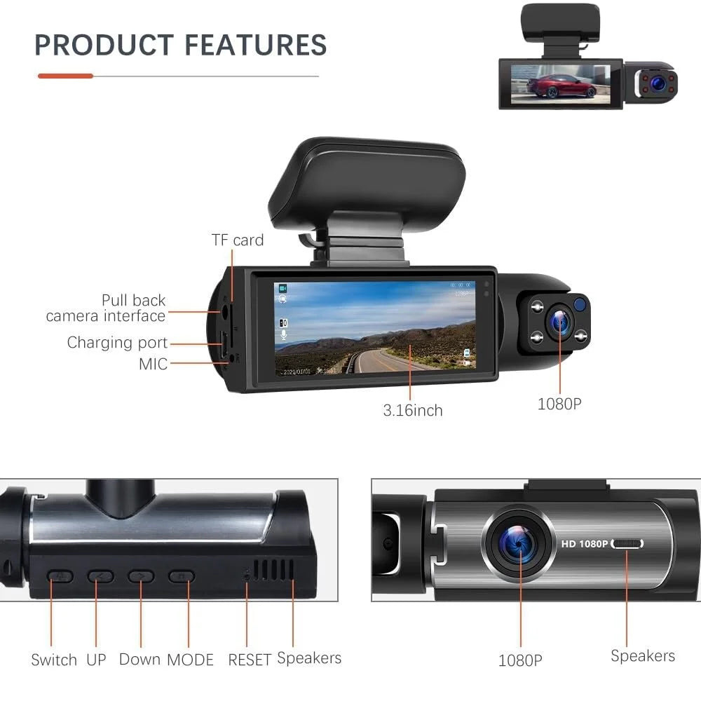 Car Dash Cam, Front & Rear Dash Cam, Dashcam Front and Rear Camera, 24 Hour Night Vision & HDR, Loop Recording & Motion Detection Suitable for All Car (Front+Inside+32G)