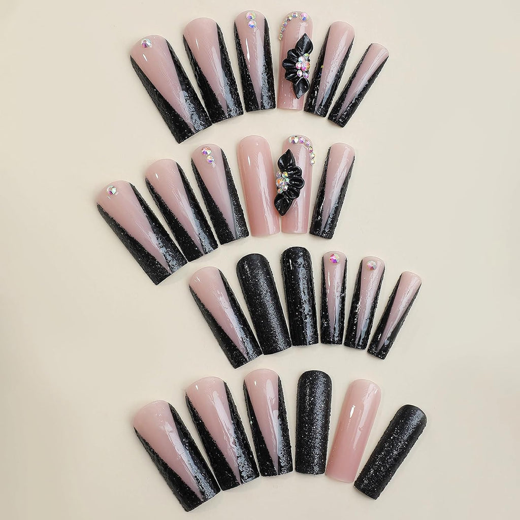 MISUD Long Square Press-On Nails - Black French Tip with Acrylic Flower Rhinestone Design, 24 Pcs