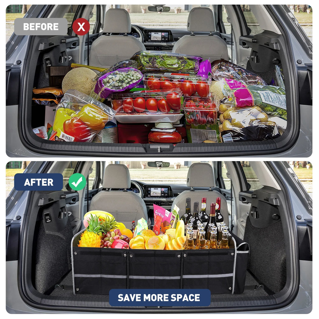 Car Storage Organizer, Collapsible Multi Compartment SUV Trunk Organizer with Leakproof Insulated Bag, Adjustable Securing Straps, Foldable Cover, Trunk Storage Box for Car, SUV, Truck, or Van
