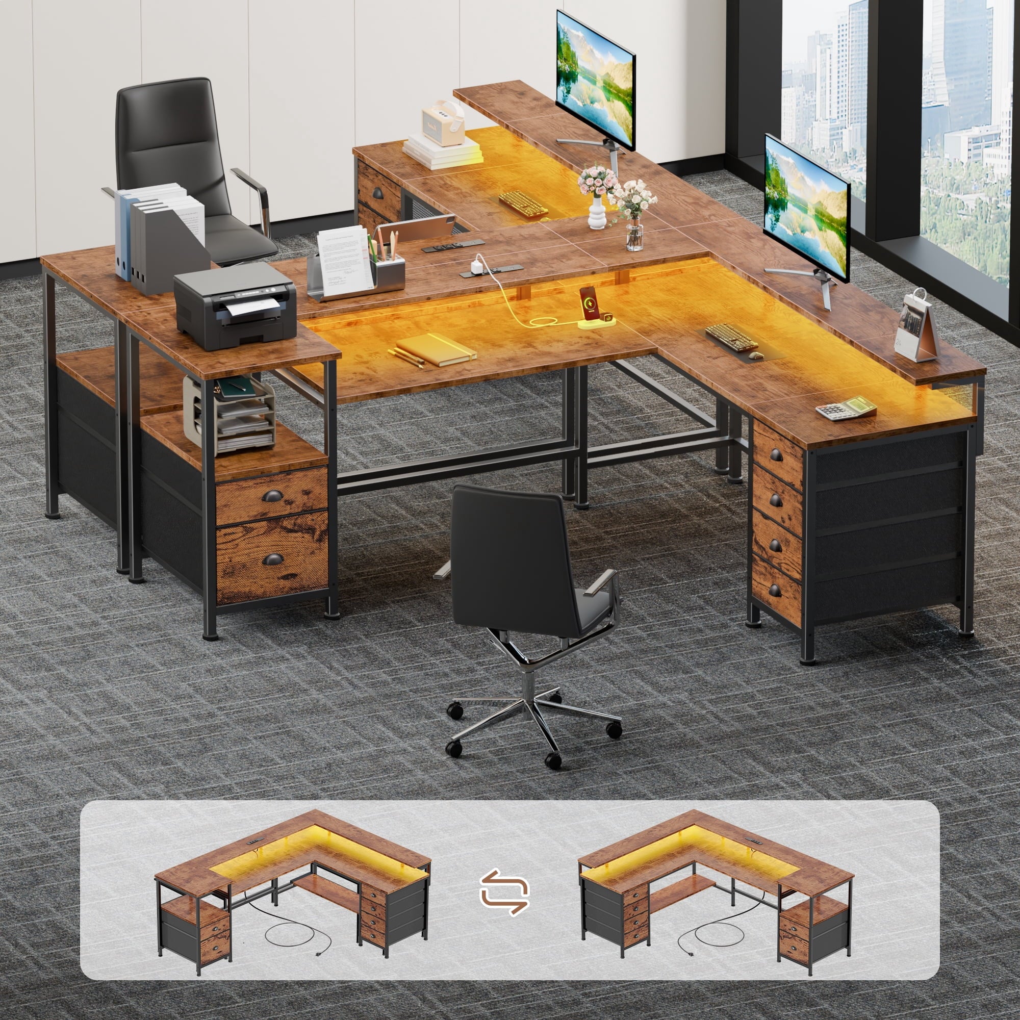 Sarifur L Shaped Computer Desk with Charging Station and LED Lights, 66 Inch PC Table Study Desk 6 Drawers for Bedroom,Office Rustic Brown
