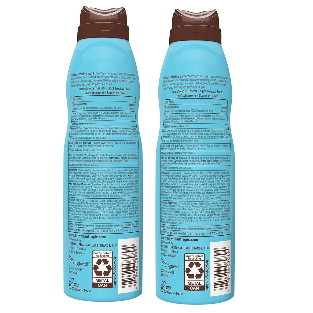 Hawaiian Tropic Everyday Active Clear Spray Sunscreen SPF 30| Hawaiian Tropic Sunscreen Spray SPF 30, Sunblock, Oxybenzone Free, 6Oz Each Twin Pack