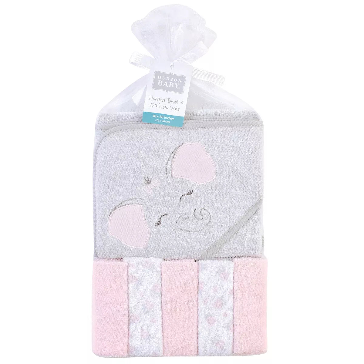 Hudson Baby Infant Girl Hooded Towel and Five Washcloths, Pink Elephant, One Size