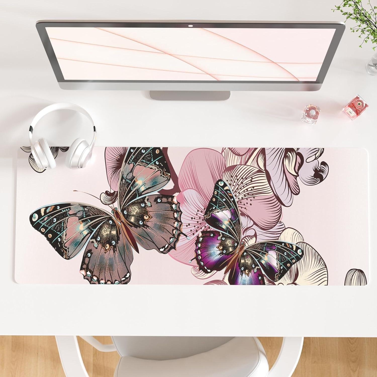 QIYI White Mouse Pad, Cute Marble Large Desk Mat, PU Leather Desk Protector Mousepad, Gold Grey Striped Waterproof Computer Keyboard Gaming Mouse Pads, Non Slip Extended Writing Pad 31.5" X 15.7"