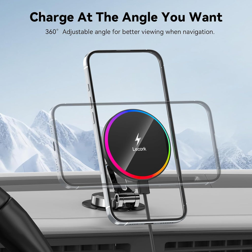 Lecork for Magsafe Car Mount Charger, 15W Magnetic Wireles Car Charger for Iphone 17 Pro Max 14 15 16 Series, Stick on Dashboard Phone Holder for Samsung S26 Ultra, Zinc Alloy Shell, Black