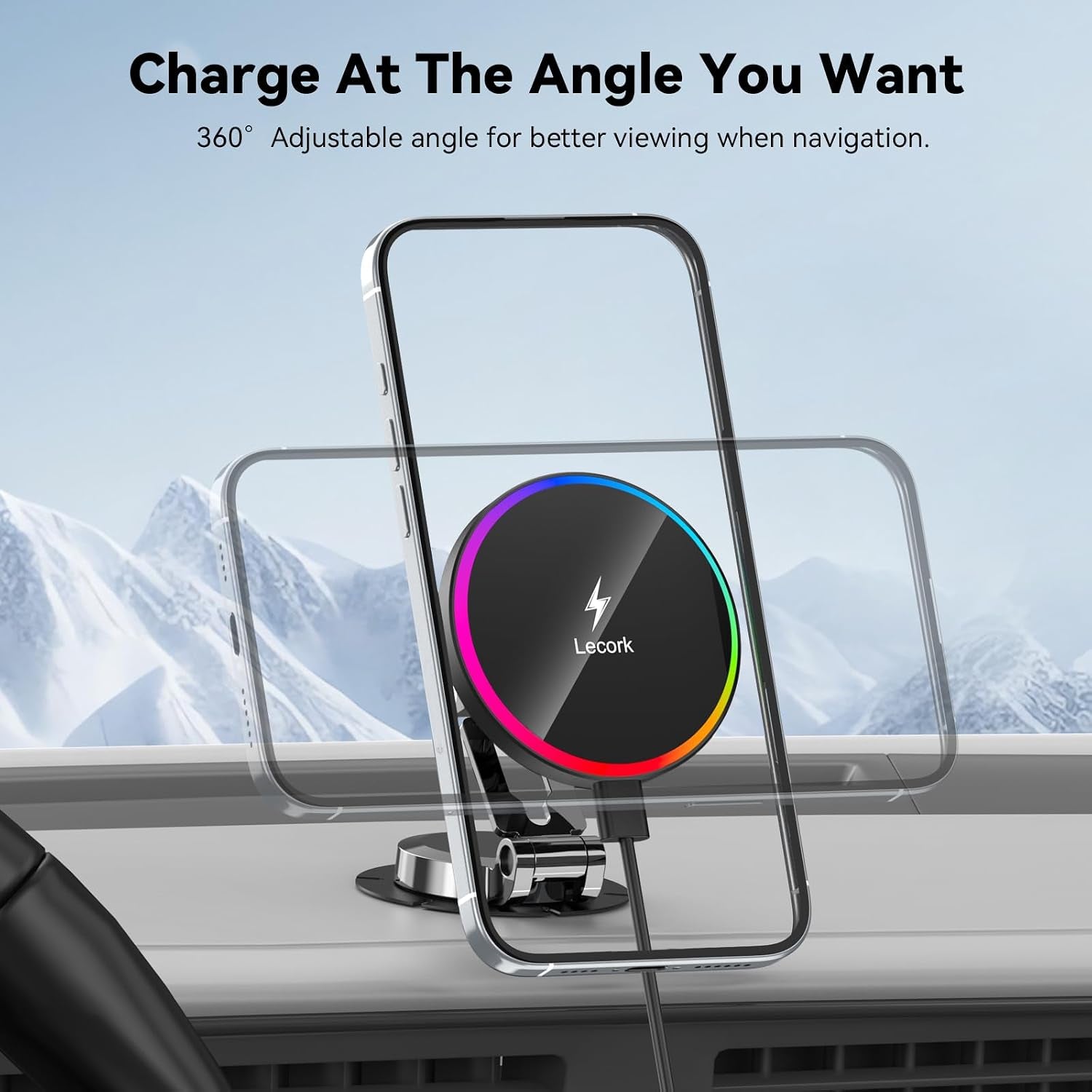 Lecork for Magsafe Car Mount Charger, 15W Magnetic Wireles Car Charger for Iphone 17 Pro Max 14 15 16 Series, Stick on Dashboard Phone Holder for Samsung S26 Ultra, Zinc Alloy Shell, Black