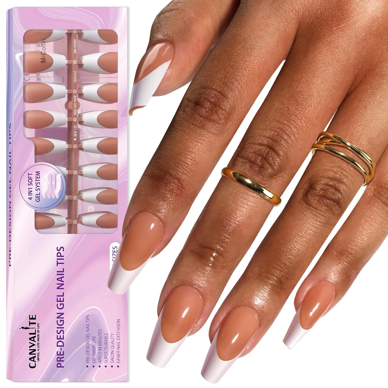 Canvalite 300Pcs French Tip Press on Nails - Pre-Colored Almond Fake Nails with Designs for Quick & Easy DIY Nail Extensions - Perfect Valentines Day Gift in Pink & White