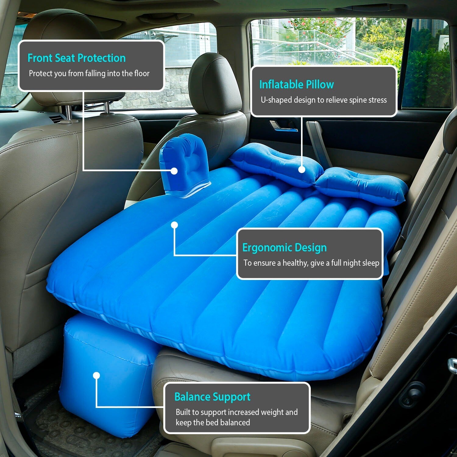 Inflatable Travel Car Mattress with Air Bed for Back Seat Comfort, Includes Two Pillows and Pump