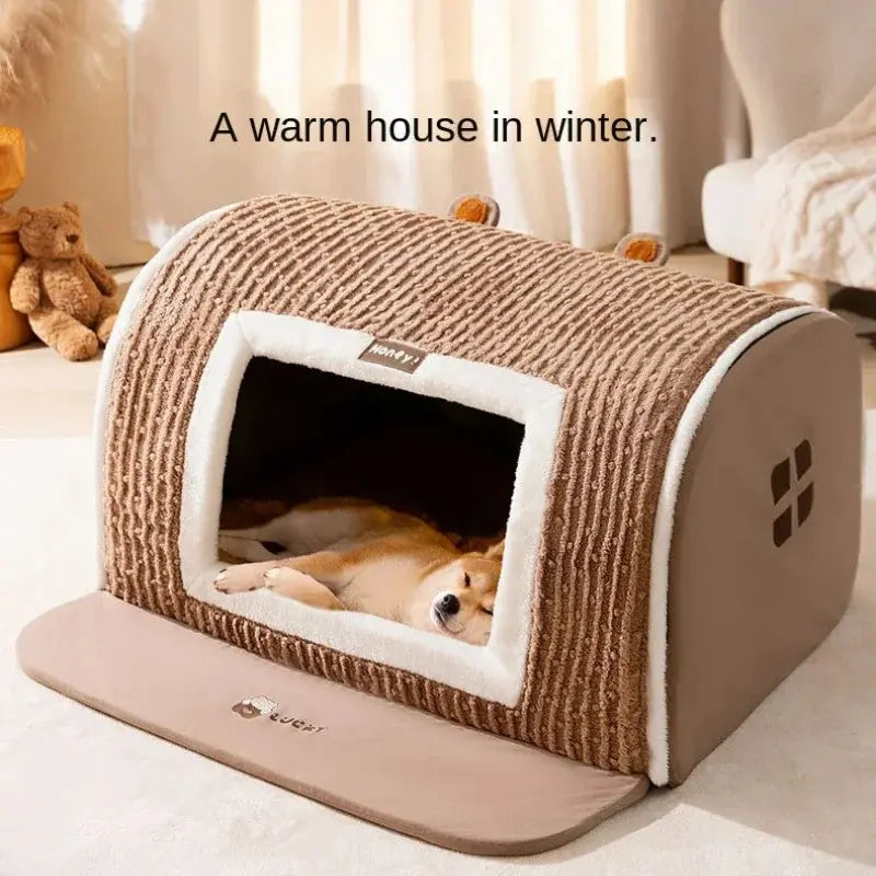 Three-Dimensional Bear Curved Cozy Winter Dog House and Cat Bed - Thickened Windproof Enclosure for Medium and Small Pets