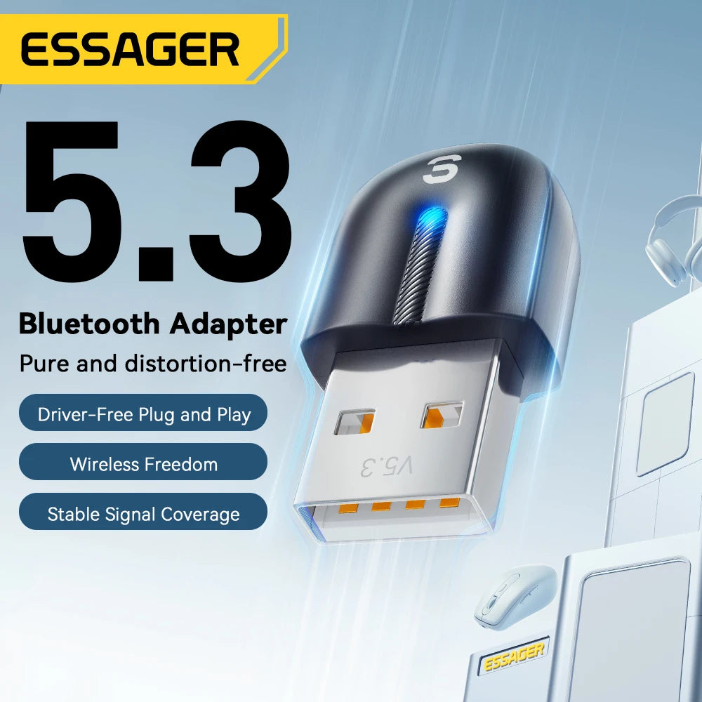 Essager USB Bluetooth 5.3 Adapter Aux Audio Receiver Transmitter for PC Speaker Laptop Soundbox Wireless Mouse USB Transmitter
