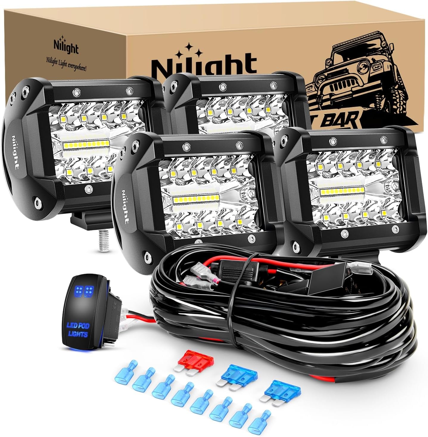 Nilight Marine LED Light Pods Navigation Lights 2PCS 4 Inch White Spot Flood Combo Ponton Boat Deck Dock Lighting for Night Fishing T-Top Stern Yacht Port Sailboat Trucks Tractors