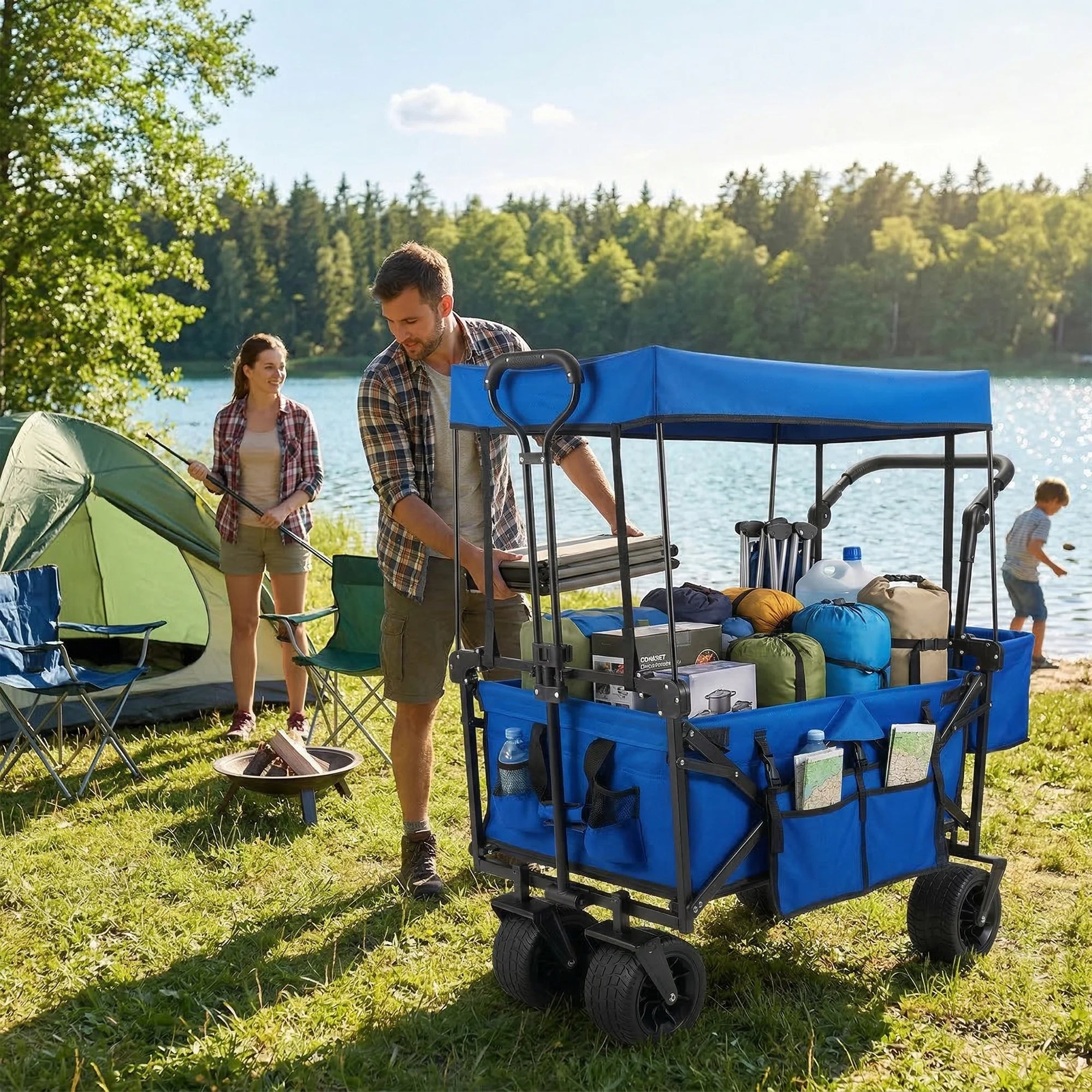 Collapsible Garden Wagon Cart with Removable Canopy Blue