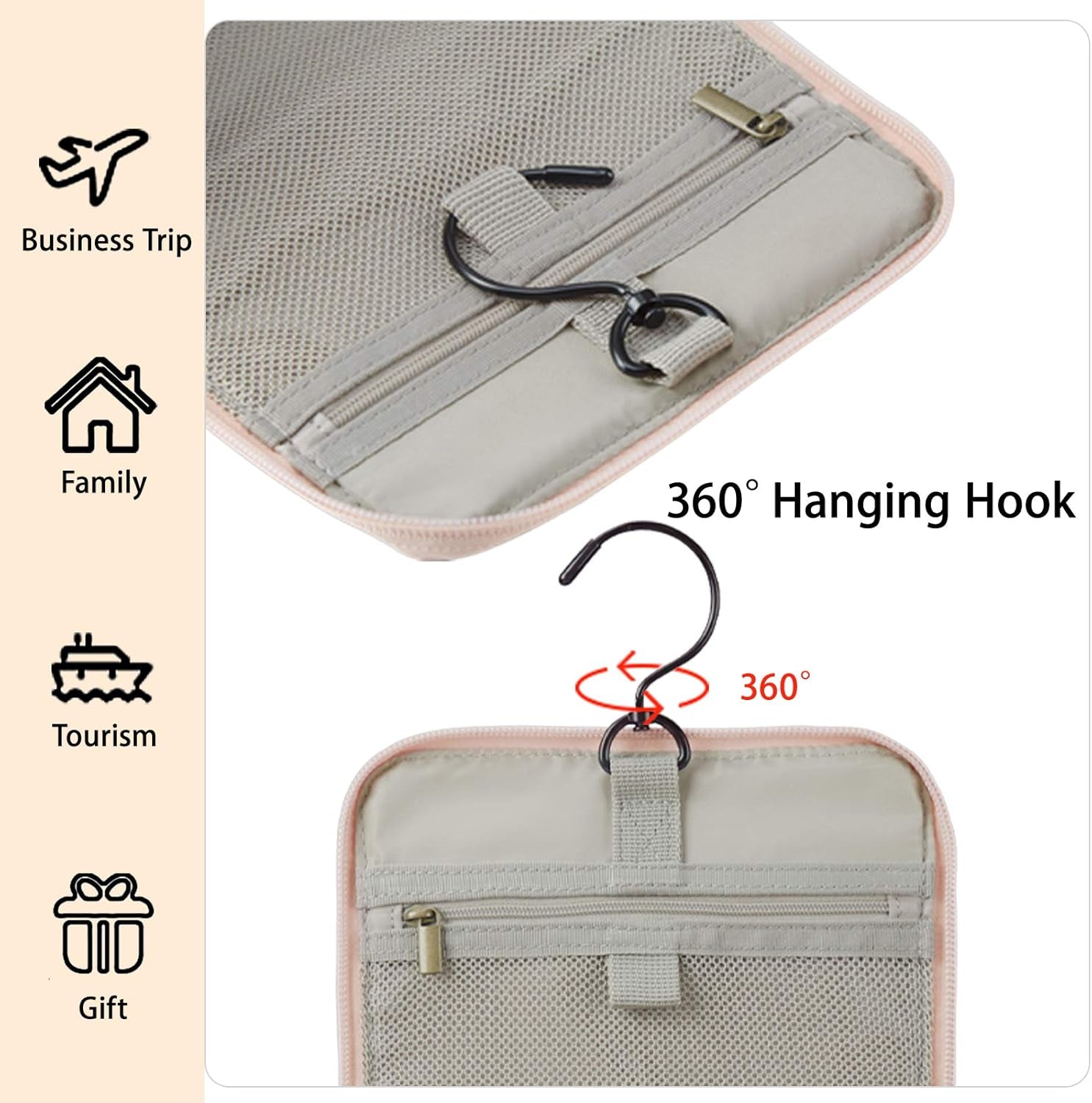 BAGSMART Hanging Toiletry Bag, Water-Resistant Leather Dopp Kit, Large Travel Organizer for Full Sized Container, Nude Pink