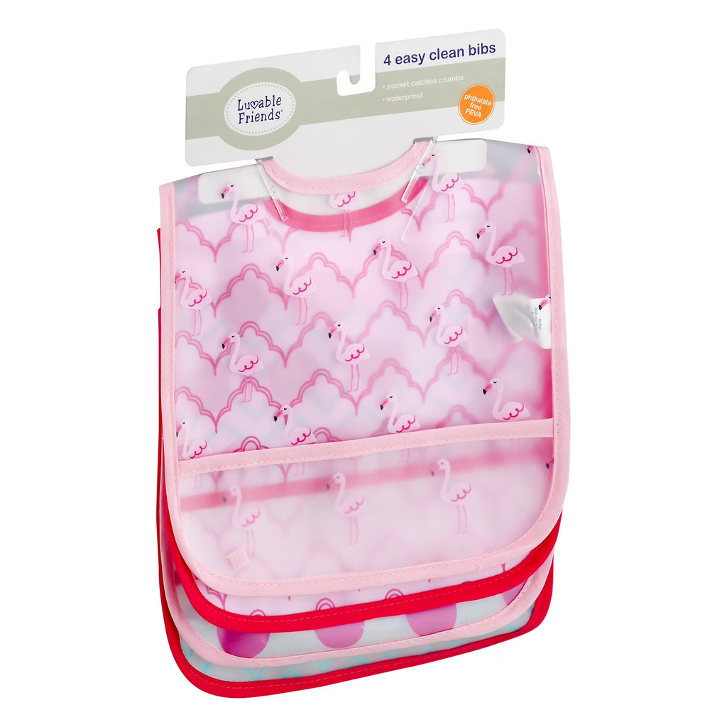 Luvable Friends Baby Girl Waterproof PEVA Bibs 4Pk, Flamingo, One Size