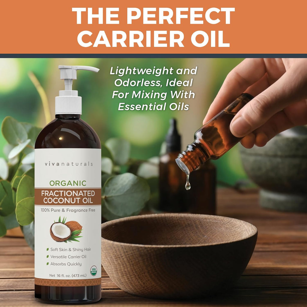 Viva Naturals Organic Fractionated Coconut Oil – 16 Fl Oz Multi-Purpose Moisturizer for Skin, Hair, and Massage, Perfect Carrier Oil for Essential Oils