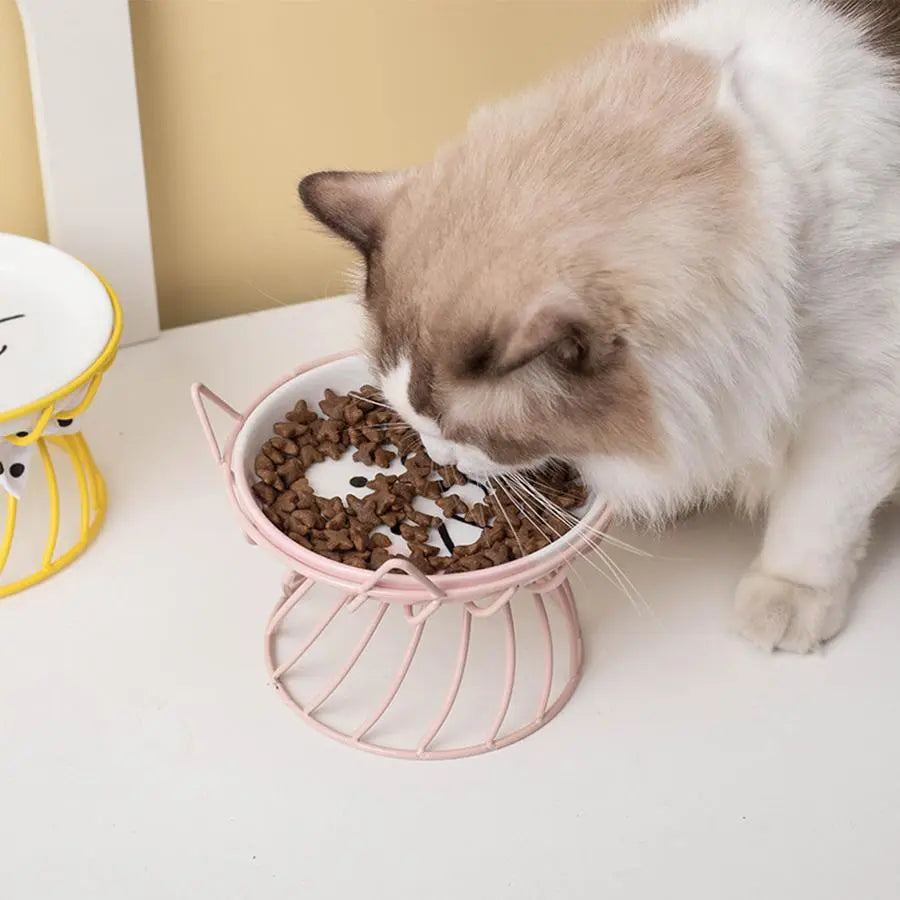 Ceramic Pet Feeding Bowl with Stand - Cute Cat Pattern, Suitable for Dogs and Cats, 1 Count
