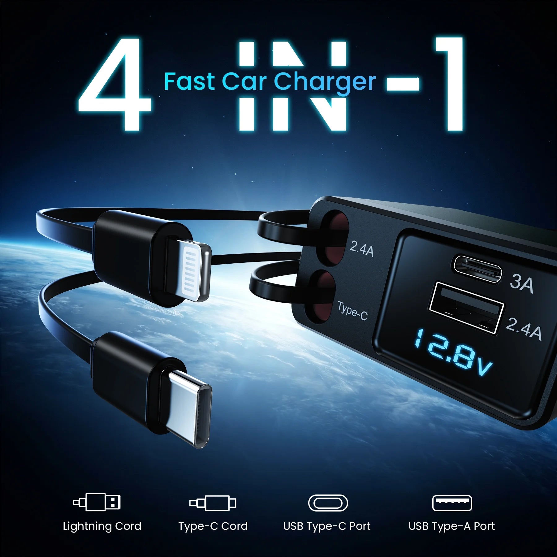 NEXPOW Retractable Car Charger Adapter, 150W Fast Charger for Car, 4 in 1 Car Phone Charger with Cables(2.6Ft), 180° Adjustable,Voltage Display-Green