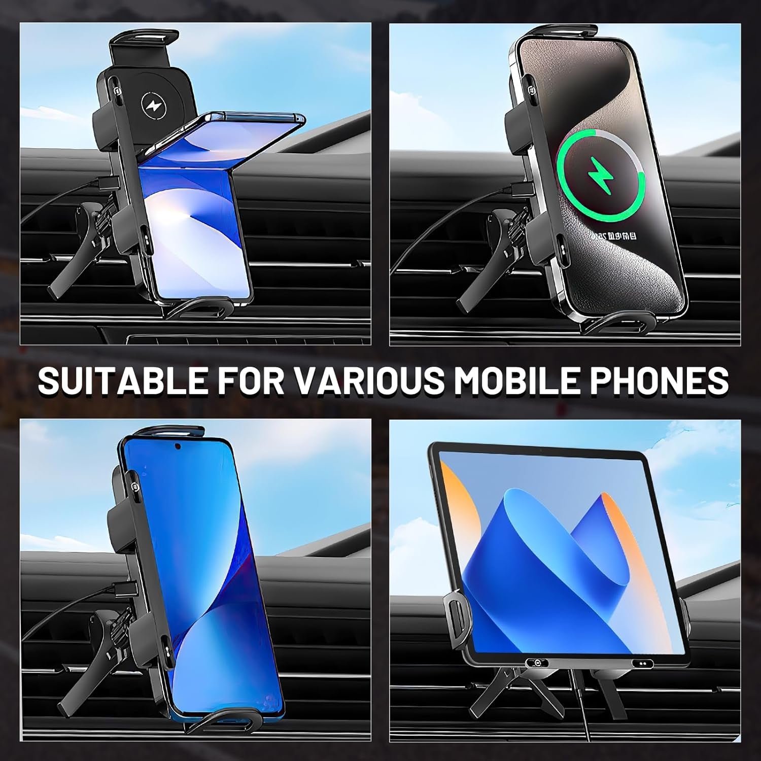 High Intelligent 2 in 1 Auto Rotating Car Charger Cell Phone/Pad Holder, One-Touch Rotatable Car Vent Mount for Smartphone/Pad/Foldable Phone (Black)