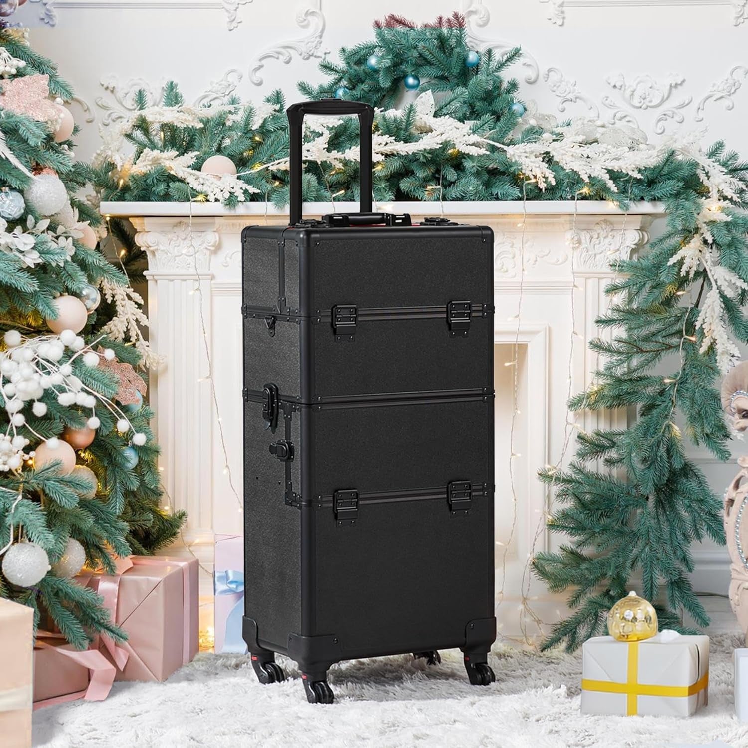 Yaheetech Makeup Train Case 3 in 1 Professional Cosmetic Trolley Multi-Functional Organizers Large Storage Traveling Cart Trunk for Nail Tech - Black