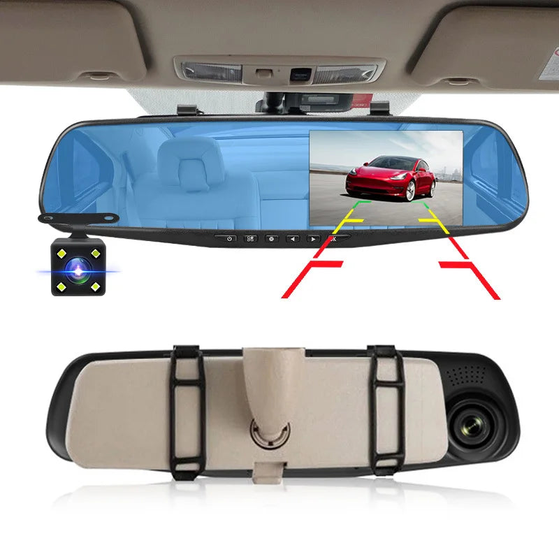 Dash Cam 4.3 Inch "Mini Rear-View Mirror Digital Dashcam, Front and Rear Dual Cameras IPS Front and Rear Camera Registrar Black