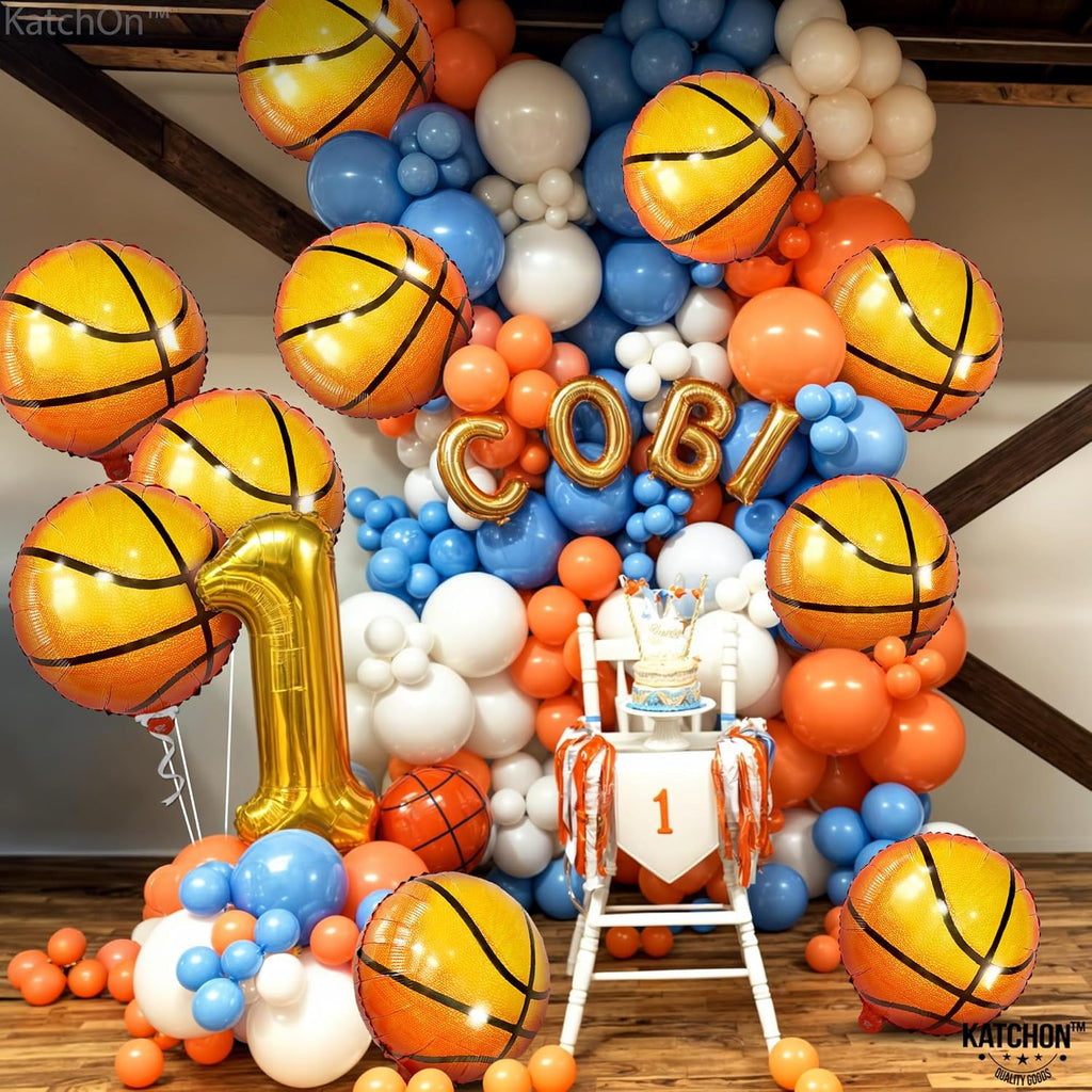 , Big, Orange Foil Basketball Balloons - 18 Inch, Pack of 10 | Basketball Decorations for Homecoming, Basketball Birthday Party Decoration | Space Jam Party Decorations, Sports Balloon Arch Kit