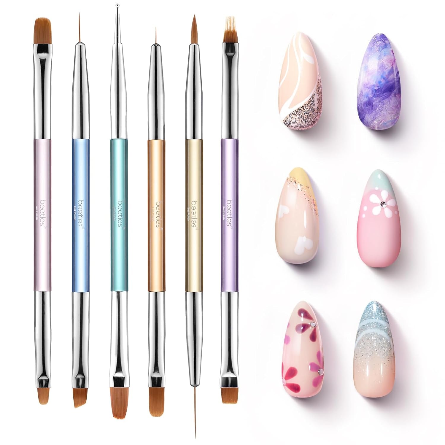 Beetles 6-Piece Nail Art Brush Set - Professional Gel Polish Tools with Wood Alloy Handles for Stunning DIY Manicures, Perfect Gift for Women