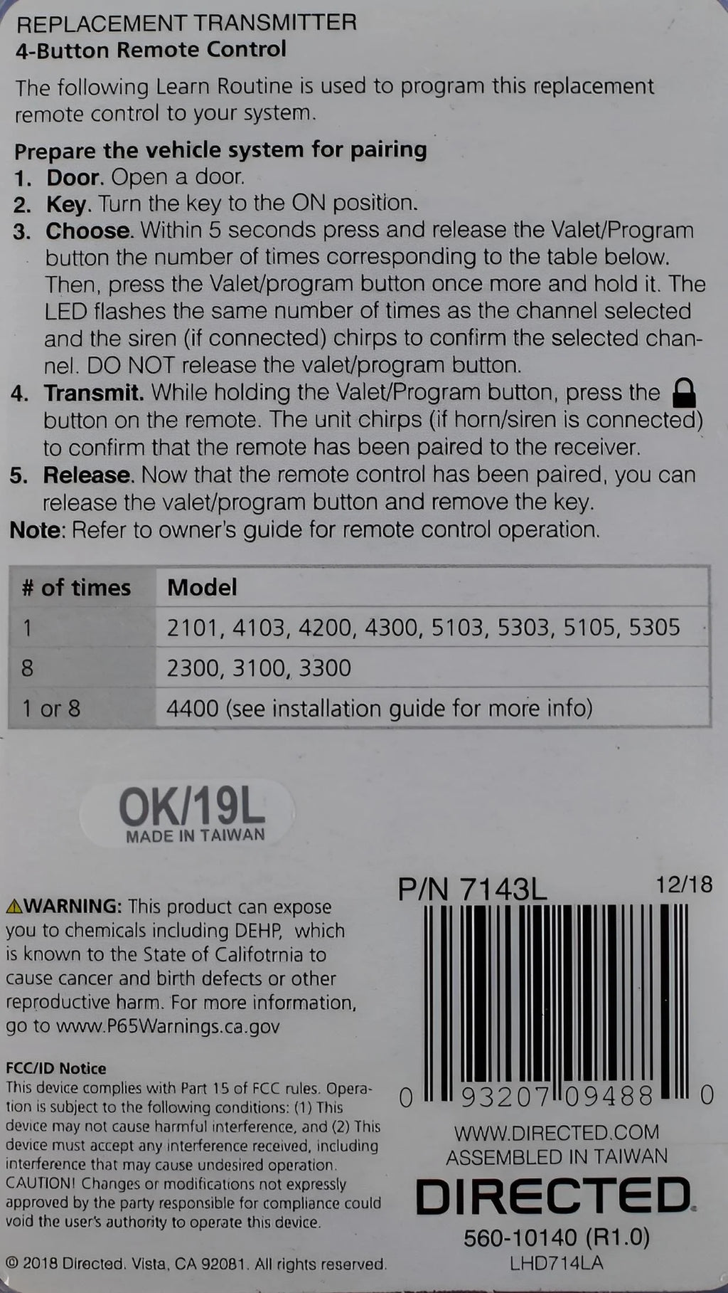 7143L 4-Button Replacement Remote ASK Transmitter