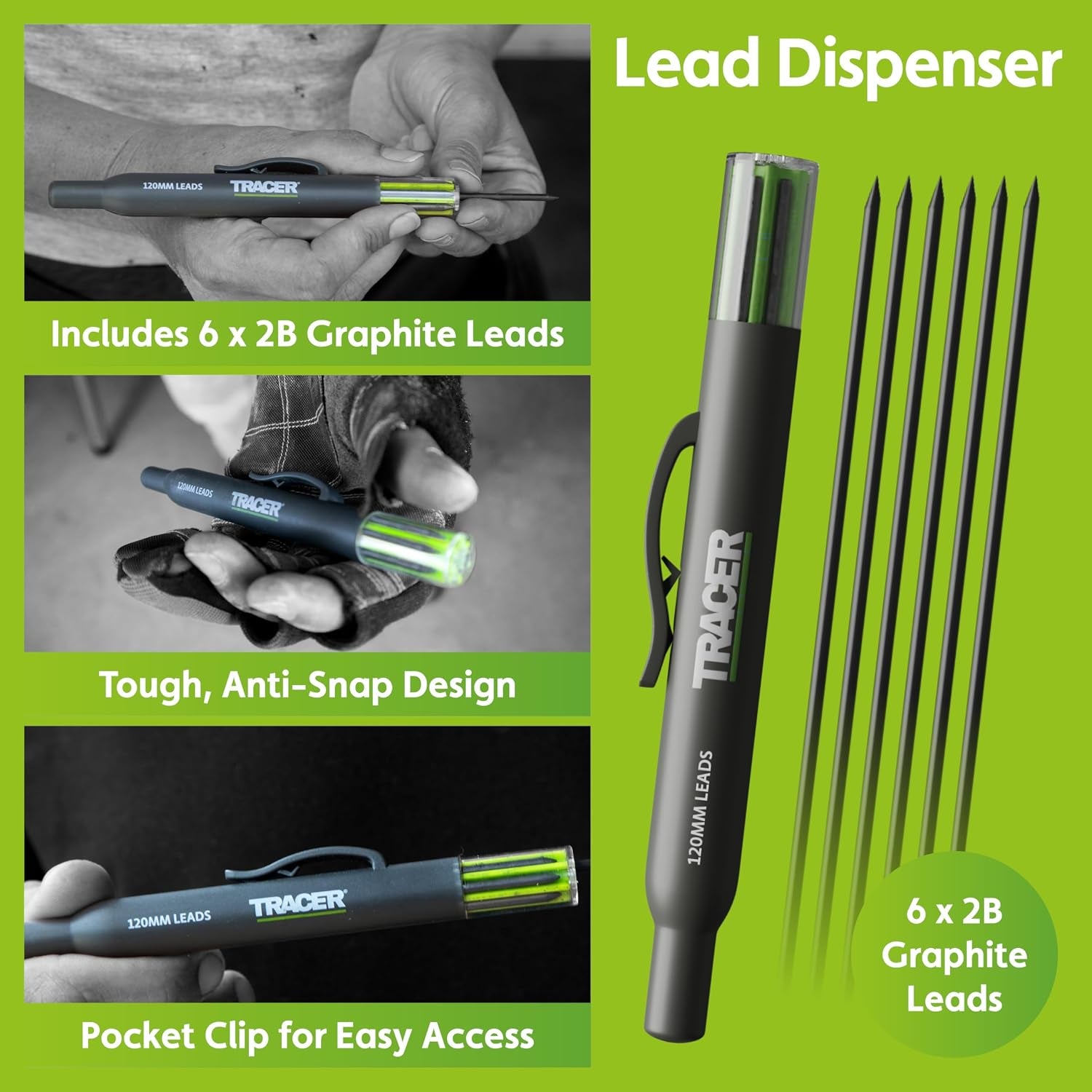 Tracer 8 Piece Construction Marker Kit - Deep Hole Carpenter Pencil Set, 2 Deep Hole Marking Pen, and Four Heavy Duty Clog-Free Markers, 2.8Mm Replacement Leads & Storage Case for Woodworking Tools